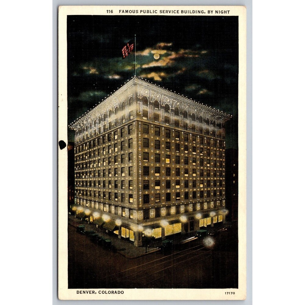 Vtg 1940s Linen Postcard Denver CO Public Service Gas & Electric Building Night